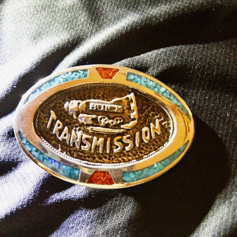 Vintage Buick Transmission Belt‎ Buckle Turquoise Chips Cars Mechanic Western